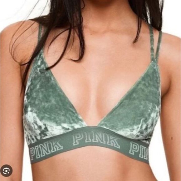 Victoria Secret Pink Unlined Green Velvet Strappy Back Bralette Bra Sz S - Picture 1 of 6